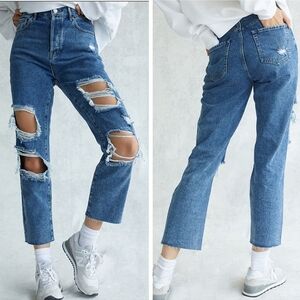 PacSun Distressed High Waist Straight Leg Jeans, Medium Blue Wash, Ripped, EUC!